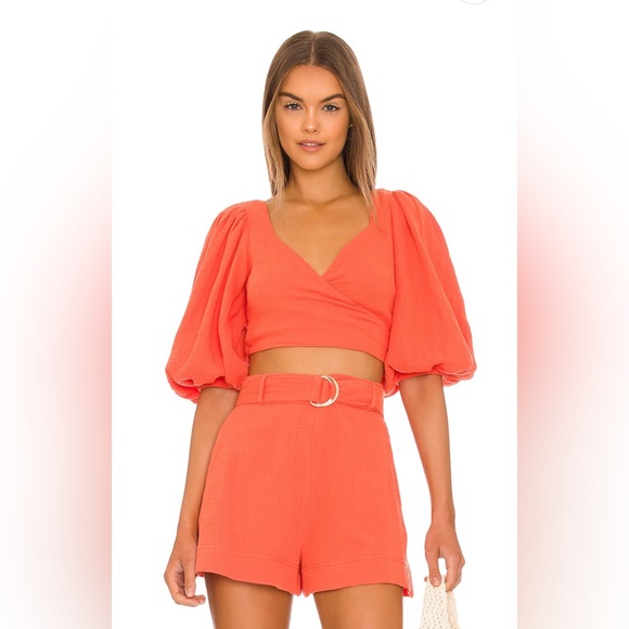 Jonathan Simkhai Mila Puff Sleeve Wrap Top and Hart Belted Shorts Set - Picture 3 of 8